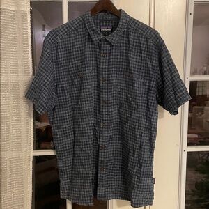 Patagonia Shirt Mens XL Back Step Blue Plaid Cotton & Hemp Blend Short Sleeve